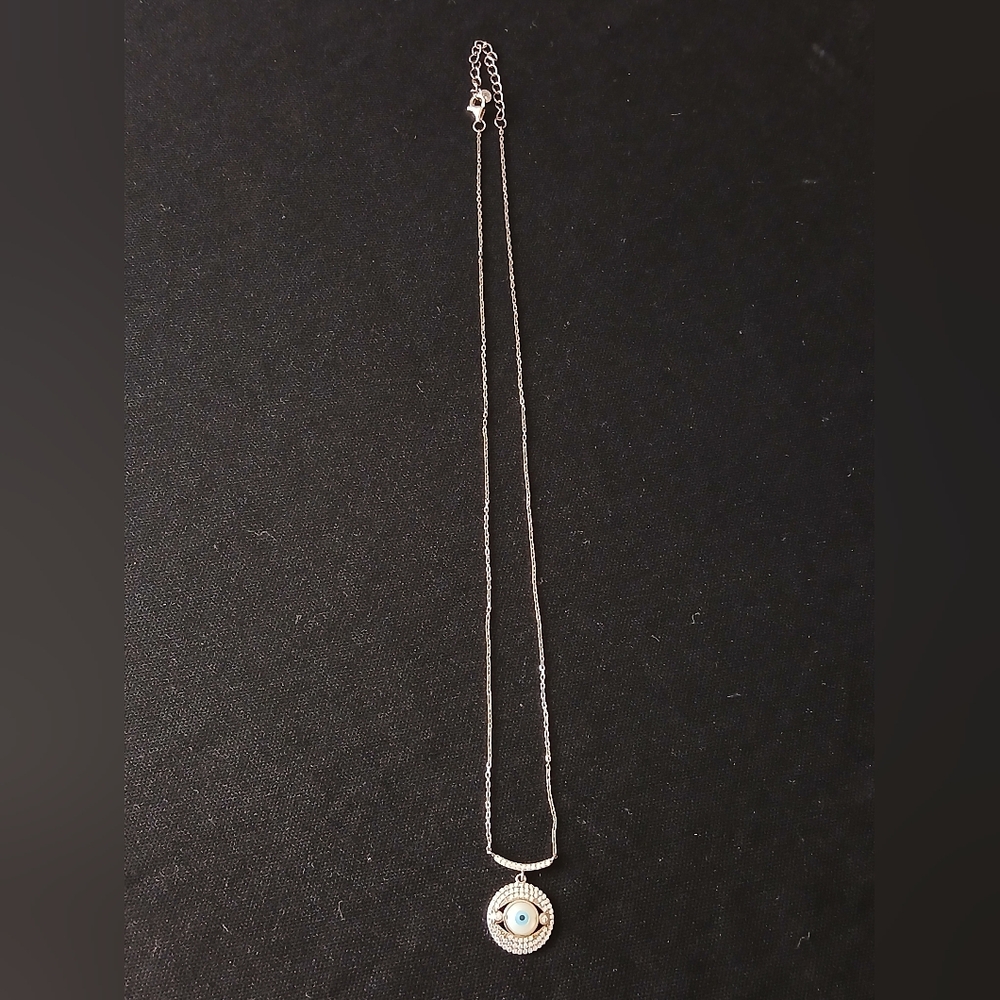 .925 Sterling Silver Blue and White Eye Necklace
